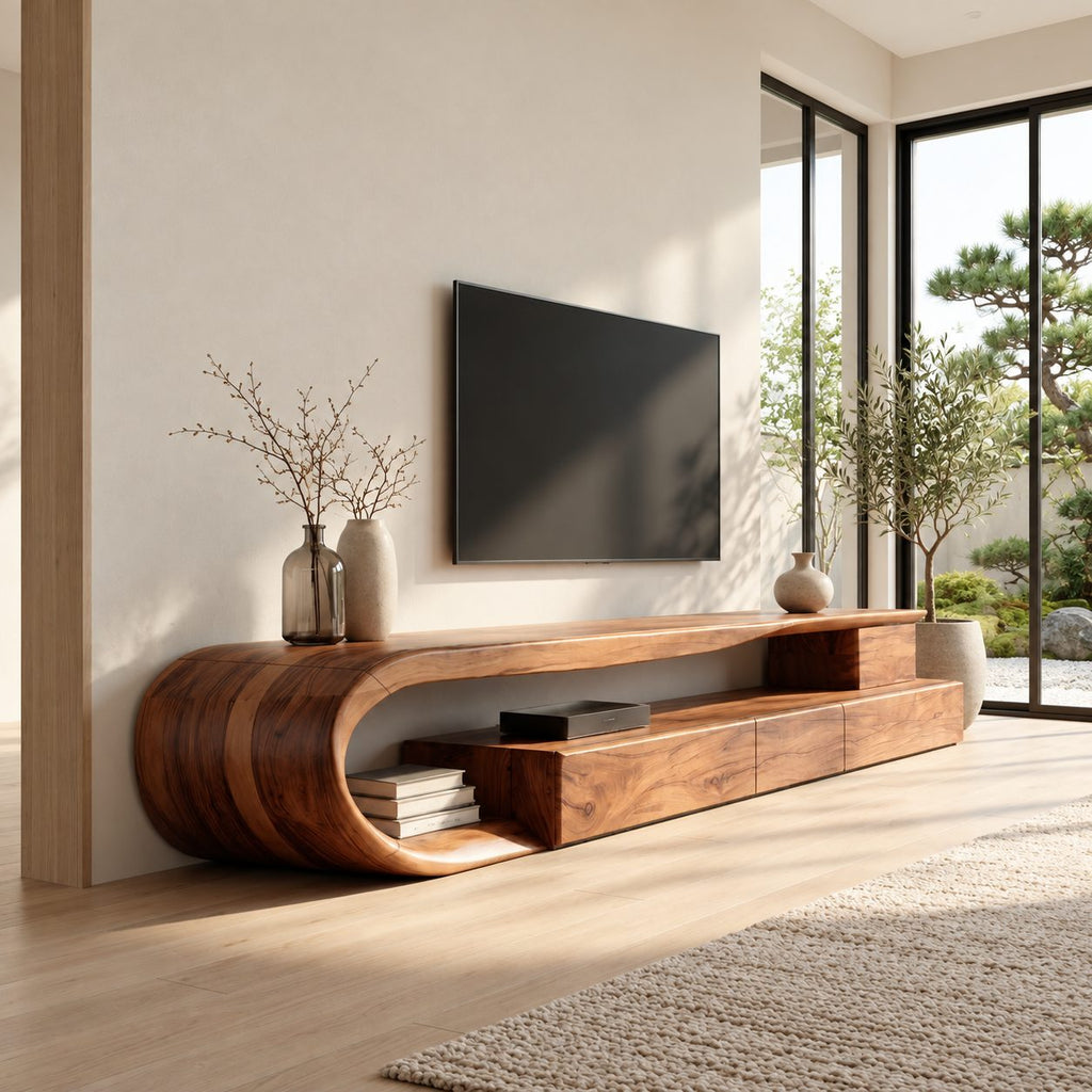C Loop TV Console with Drawers, Solid Wood Curved Media Cabinet with Open Shelf and Bent Wood End