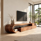 C Loop TV Console with Drawers, Solid Wood Curved Media Cabinet with Open Shelf and Bent Wood End