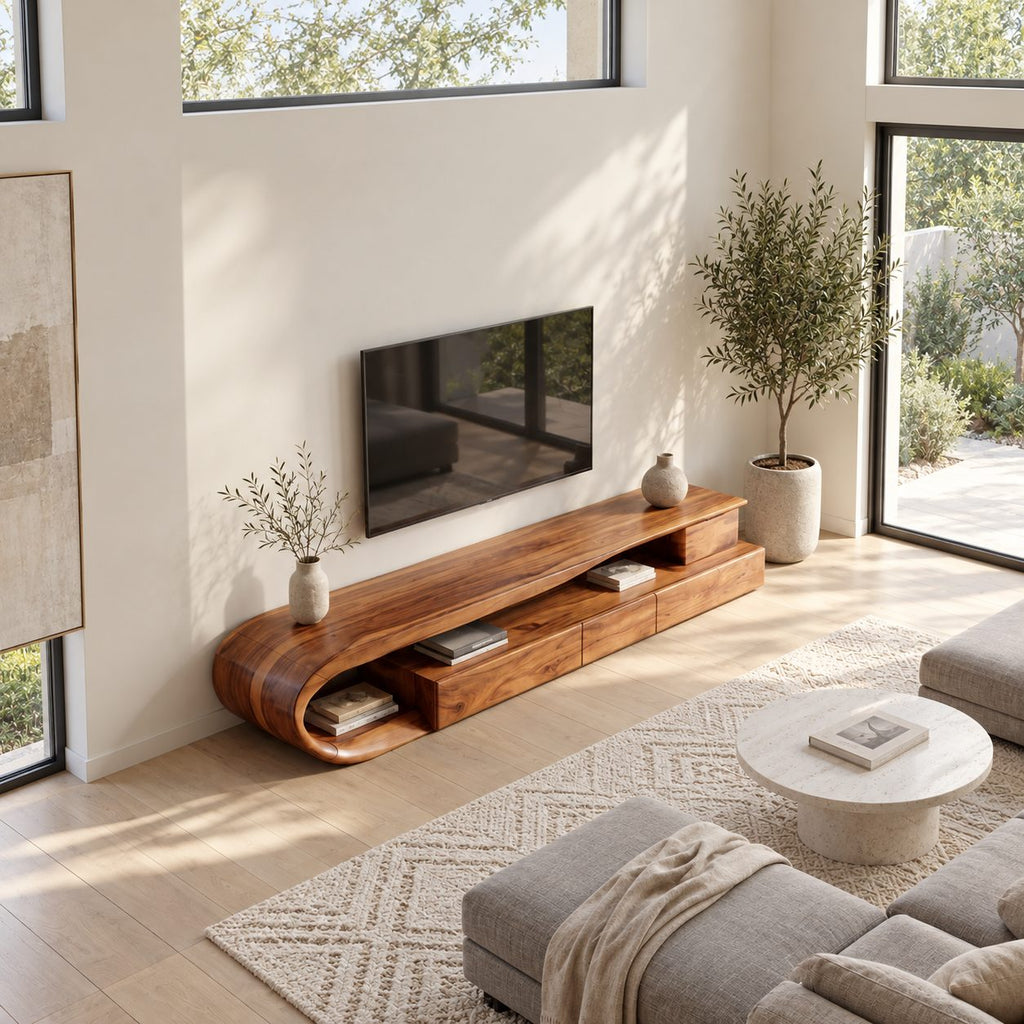 C Loop TV Console with Drawers, Solid Wood Curved Media Cabinet with Open Shelf and Bent Wood End