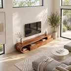 C Loop TV Console with Drawers, Solid Wood Curved Media Cabinet with Open Shelf and Bent Wood End