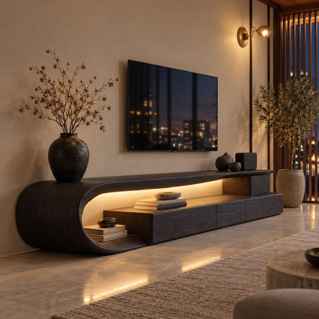 C Loop TV Console with Drawers, Solid Wood Curved Media Cabinet with Open Shelf and Bent Wood End