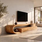 C Loop TV Console with Drawers, Solid Wood Curved Media Cabinet with Open Shelf and Bent Wood End
