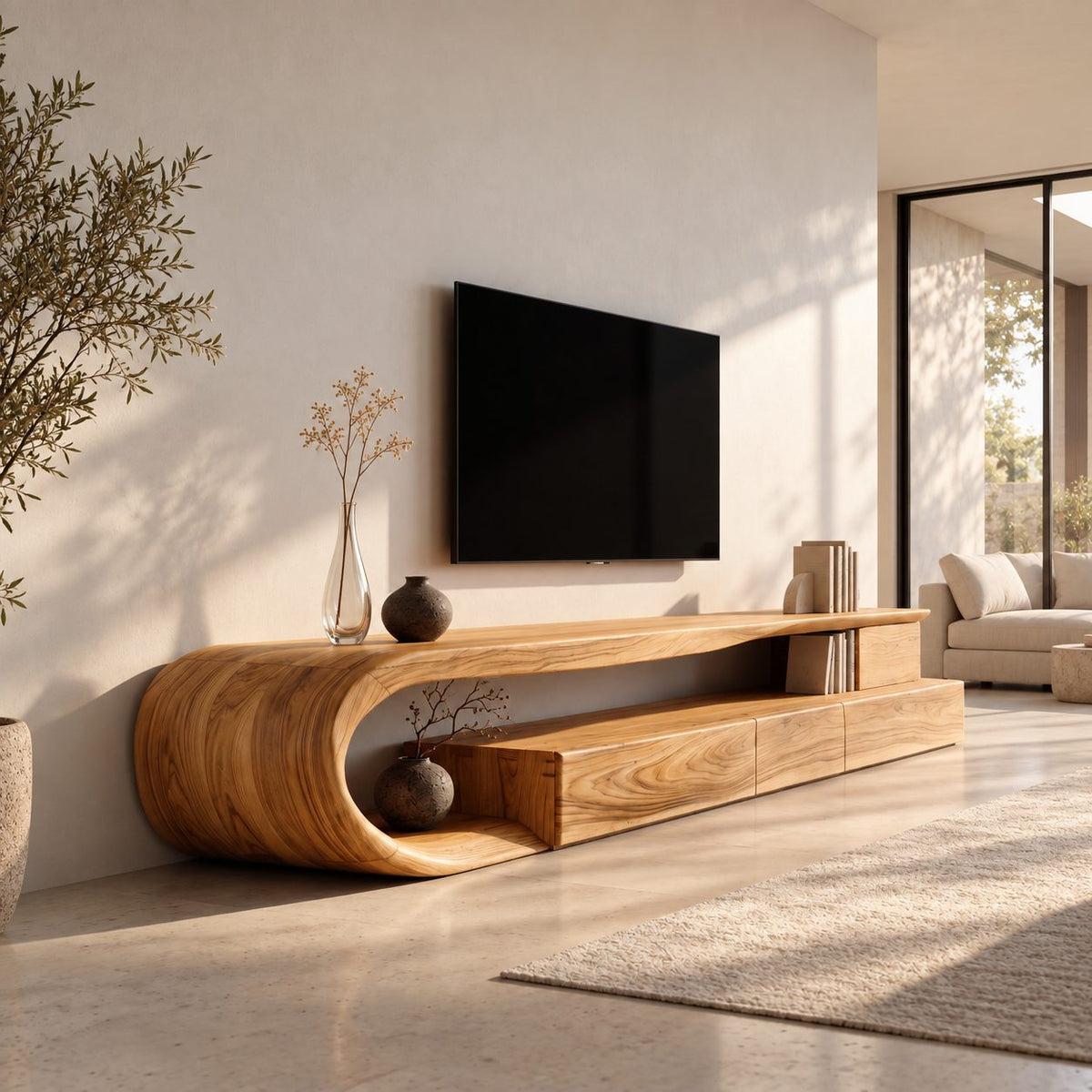 C Loop TV Console with Drawers, Solid Wood Curved Media Cabinet with Open Shelf and Bent Wood End