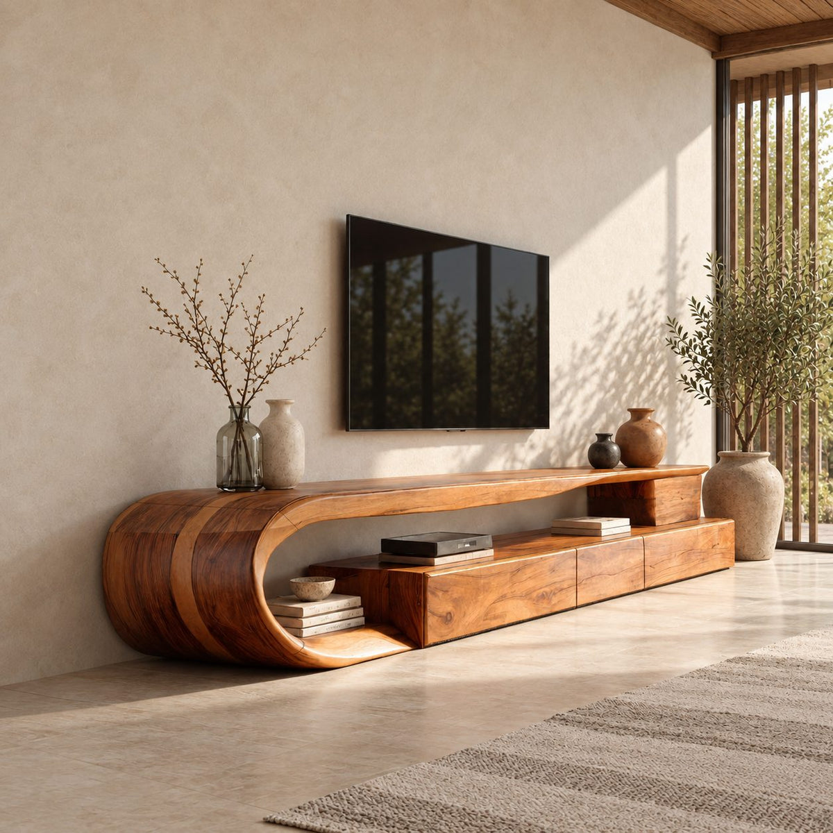 C Loop TV Console with Drawers, Solid Wood Curved Media Cabinet with Open Shelf and Bent Wood End