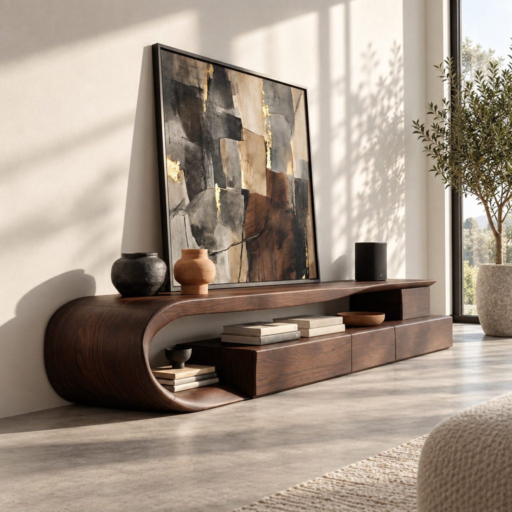 C Loop TV Console with Drawers, Solid Wood Curved Media Cabinet with Open Shelf and Bent Wood End