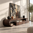 C Loop TV Console with Drawers, Solid Wood Curved Media Cabinet with Open Shelf and Bent Wood End