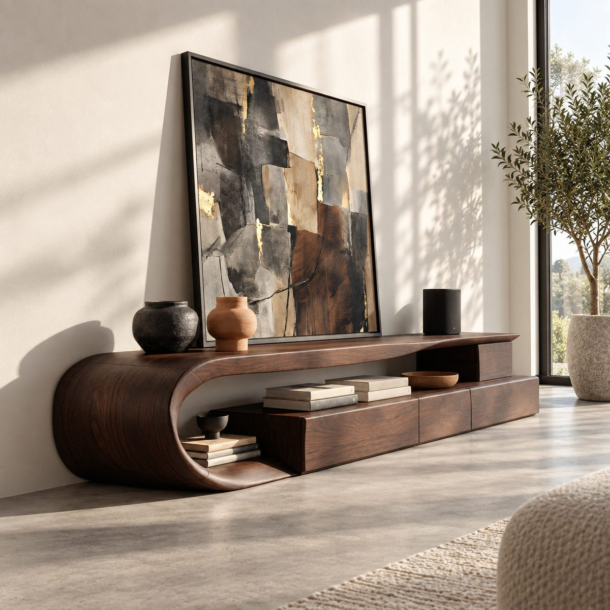 C Loop TV Console with Drawers, Solid Wood Curved Media Cabinet with Open Shelf and Bent Wood End
