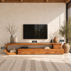 C Loop TV Console with Drawers, Solid Wood Curved Media Cabinet with Open Shelf and Bent Wood End