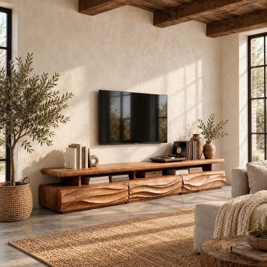 Rustic TV Cabinet with Wave Carved Drawers and Open Shelf, Chunky Solid Wood Media Console Stand