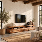 Rustic TV Cabinet with Wave Carved Drawers and Open Shelf, Chunky Solid Wood Media Console Stand
