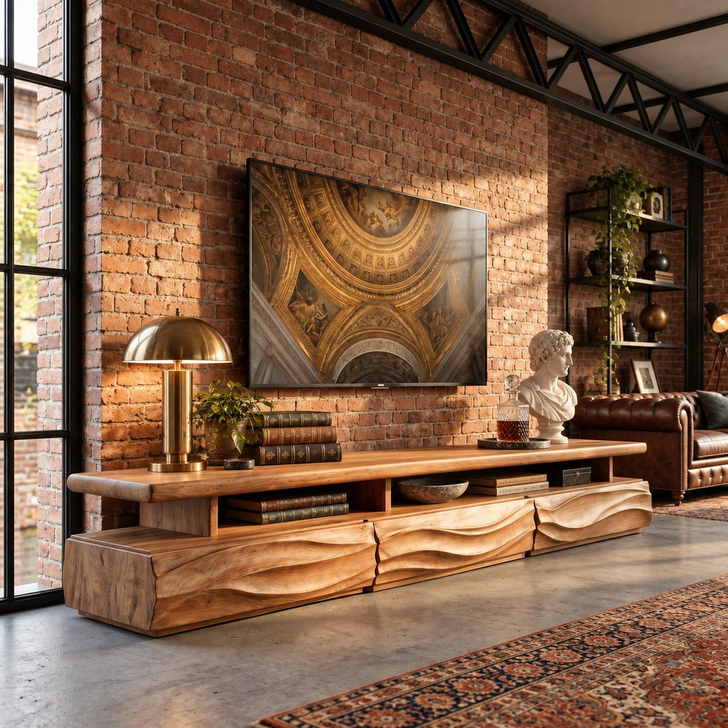 Rustic TV Cabinet with Wave Carved Drawers and Open Shelf, Chunky Solid Wood Media Console Stand
