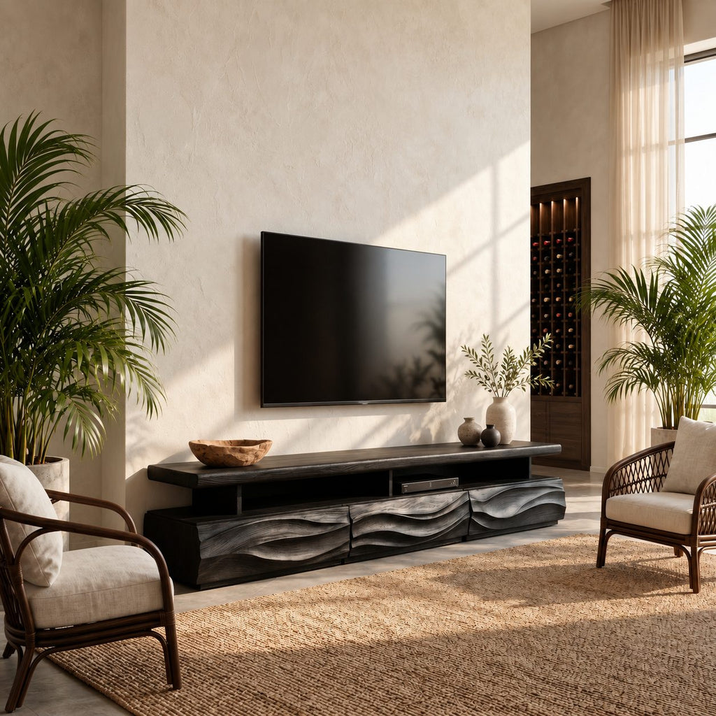 Rustic TV Cabinet with Wave Carved Drawers and Open Shelf, Chunky Solid Wood Media Console Stand