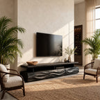 Rustic TV Cabinet with Wave Carved Drawers and Open Shelf, Chunky Solid Wood Media Console Stand