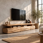 Rustic TV Cabinet with Wave Carved Drawers and Open Shelf, Chunky Solid Wood Media Console Stand