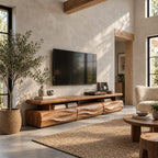 Rustic TV Cabinet with Wave Carved Drawers and Open Shelf, Chunky Solid Wood Media Console Stand