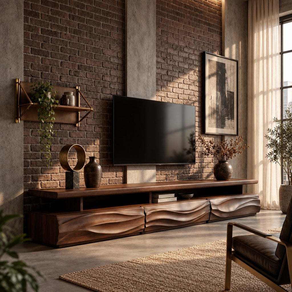 Rustic TV Cabinet with Wave Carved Drawers and Open Shelf, Chunky Solid Wood Media Console Stand