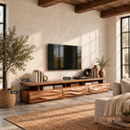 Rustic TV Cabinet with Wave Carved Drawers and Open Shelf, Chunky Solid Wood Media Console Stand