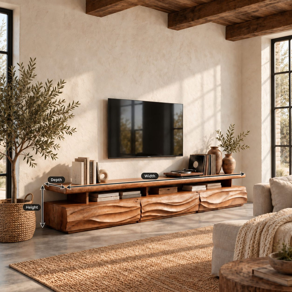Rustic TV Cabinet with Wave Carved Drawers and Open Shelf, Chunky Solid Wood Media Console Stand