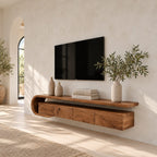 Floating TV Console Wall Mounted with Sculptural Curved Loop End, Drawers and Open Media Top Shelf