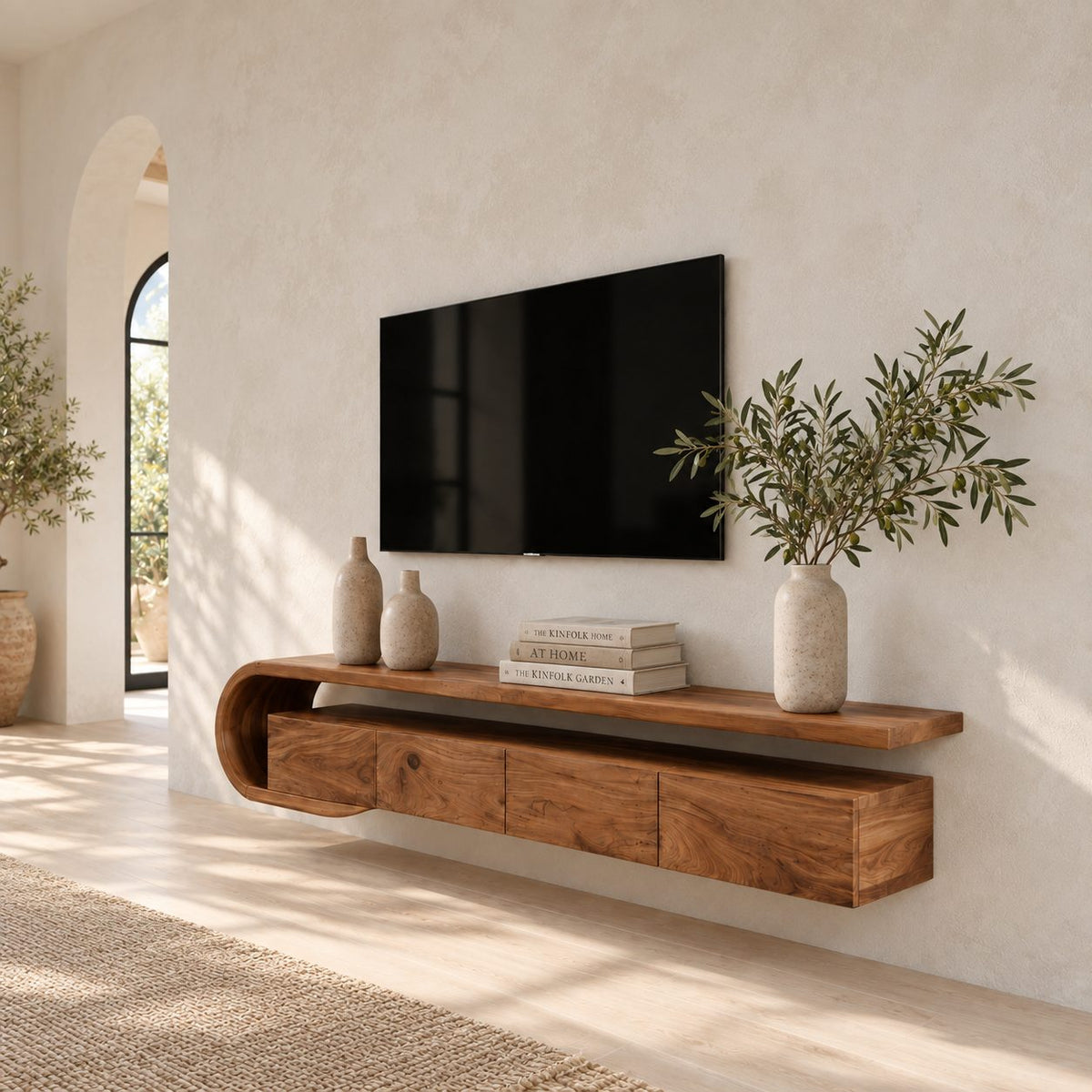 Floating TV Console Wall Mounted with Sculptural Curved Loop End, Drawers and Open Media Top Shelf