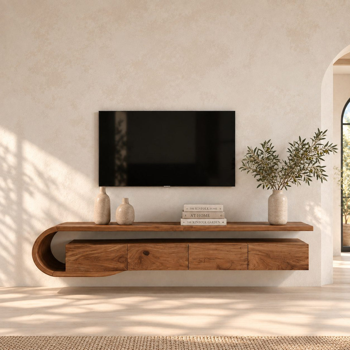 Floating TV Console Wall Mounted with Sculptural Curved Loop End, Drawers and Open Media Top Shelf