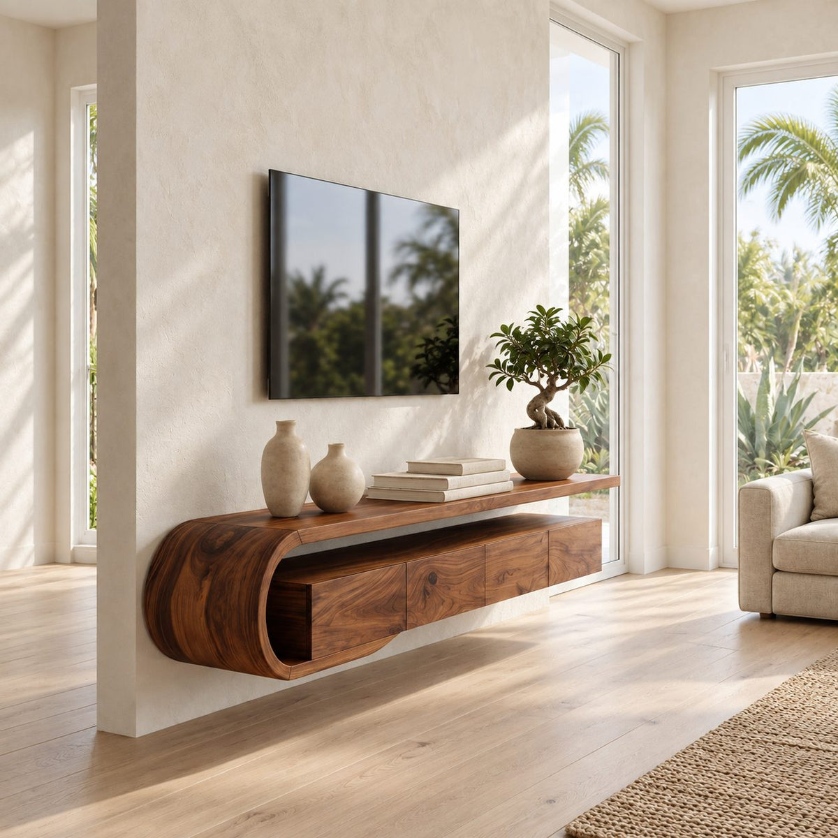 Floating TV Console Wall Mounted with Sculptural Curved Loop End, Drawers and Open Media Top Shelf