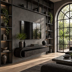 Floating TV Console Wall Mounted with Sculptural Curved Loop End, Drawers and Open Media Top Shelf