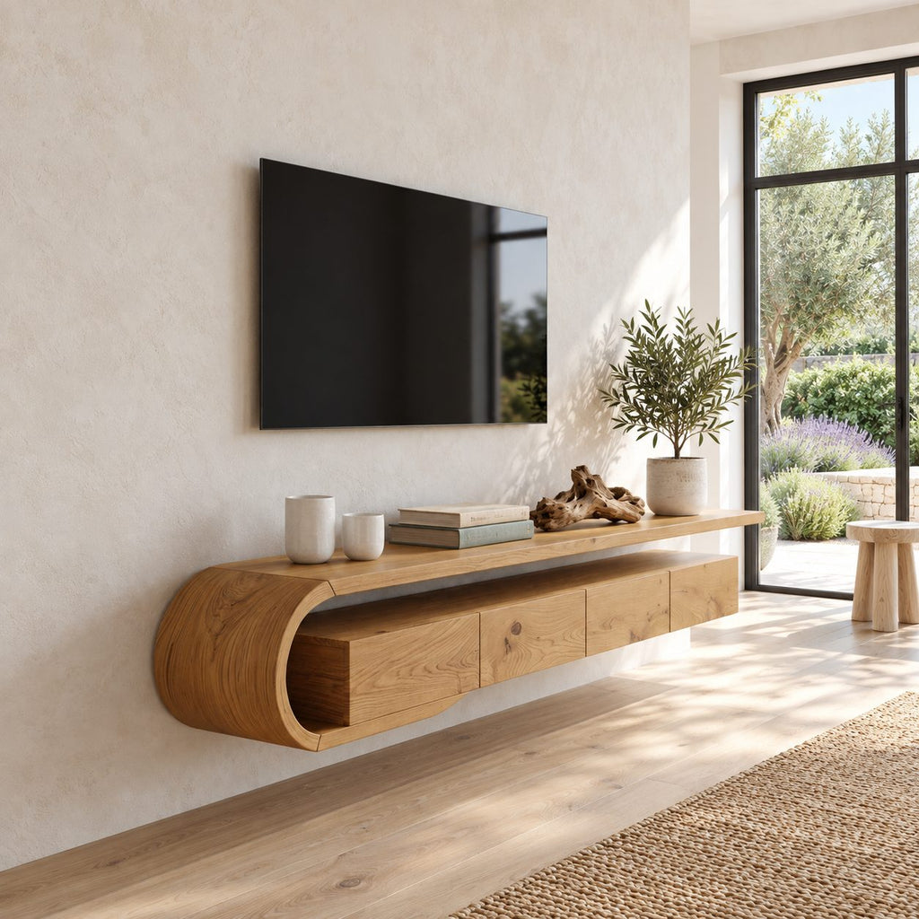 Floating TV Console Wall Mounted with Sculptural Curved Loop End, Drawers and Open Media Top Shelf