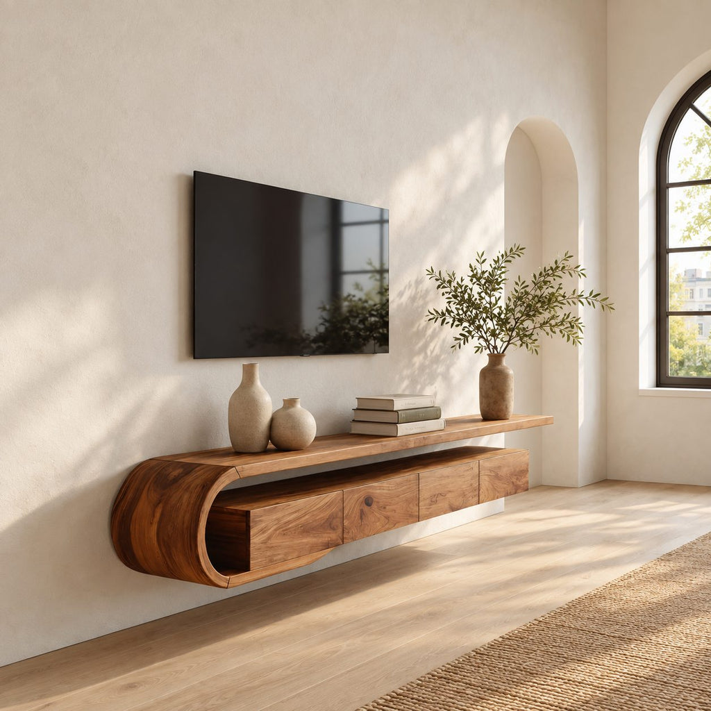 Floating TV Console Wall Mounted with Sculptural Curved Loop End, Drawers and Open Media Top Shelf