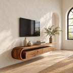 Floating TV Console Wall Mounted with Sculptural Curved Loop End, Drawers and Open Media Top Shelf