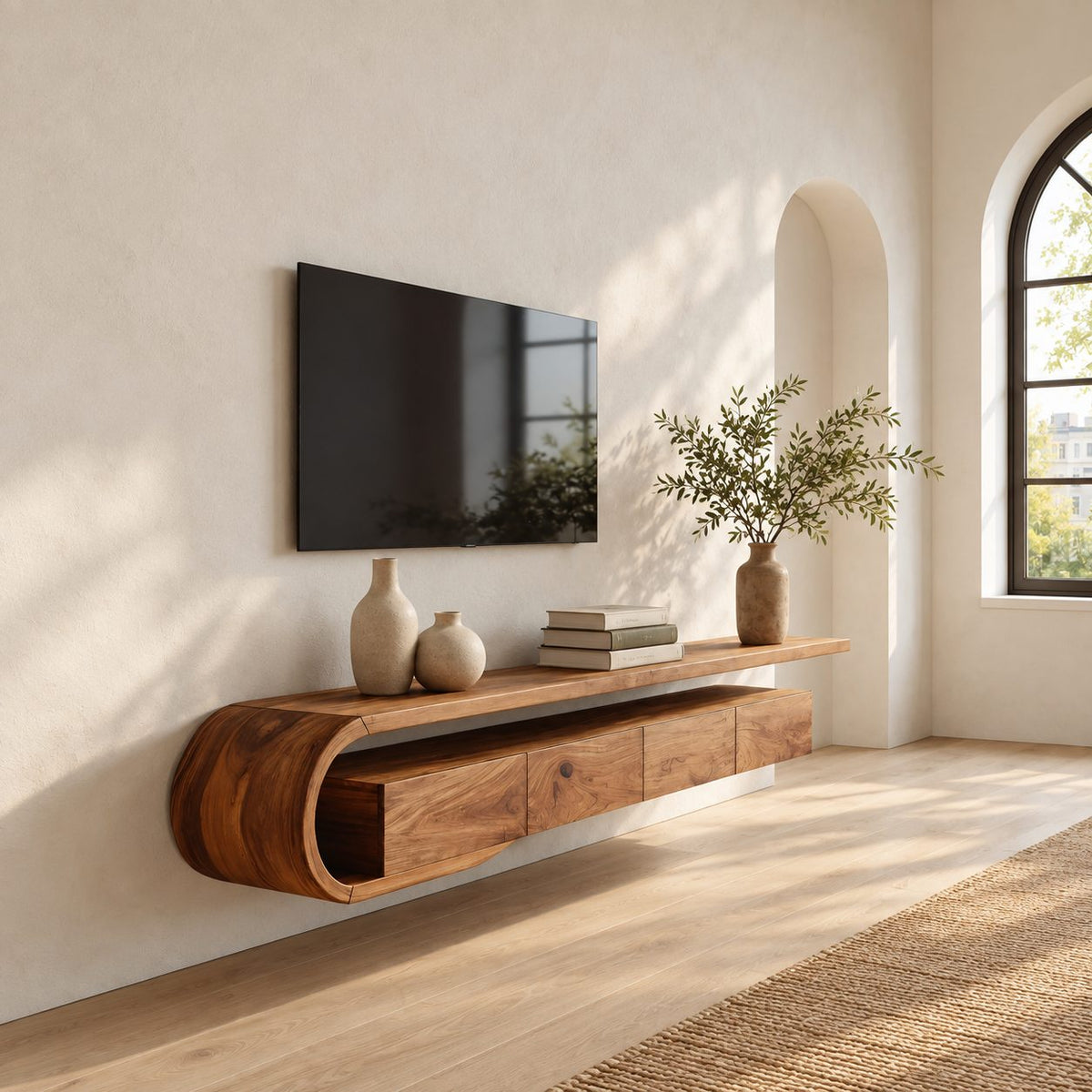 Floating TV Console Wall Mounted with Sculptural Curved Loop End, Drawers and Open Media Top Shelf