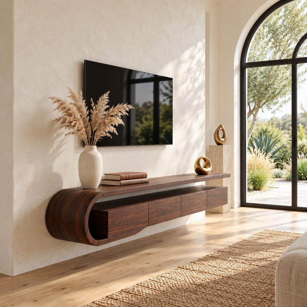 Floating TV Console Wall Mounted with Sculptural Curved Loop End, Drawers and Open Media Top Shelf