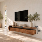Floating TV Console Wall Mounted with Sculptural Curved Loop End, Drawers and Open Media Top Shelf