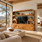 Entertainment Center Wall Unit with Rounded Loop Shelves, Solid Wood TV Cabinet and Display Cubbies