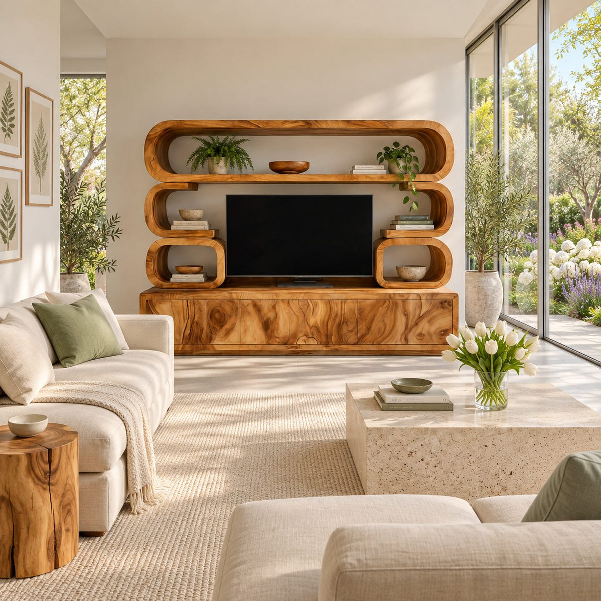 Entertainment Center Wall Unit with Rounded Loop Shelves, Solid Wood TV Cabinet and Display Cubbies