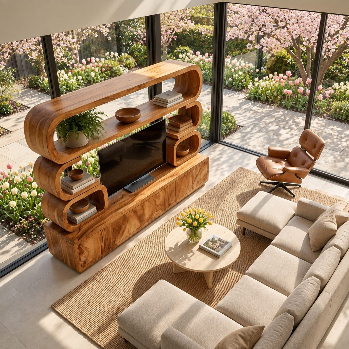 Entertainment Center Wall Unit with Rounded Loop Shelves, Solid Wood TV Cabinet and Display Cubbies