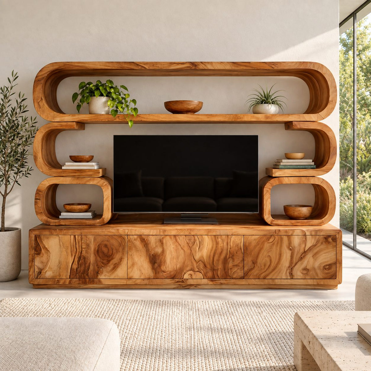 Entertainment Center Wall Unit with Rounded Loop Shelves, Solid Wood TV Cabinet and Display Cubbies