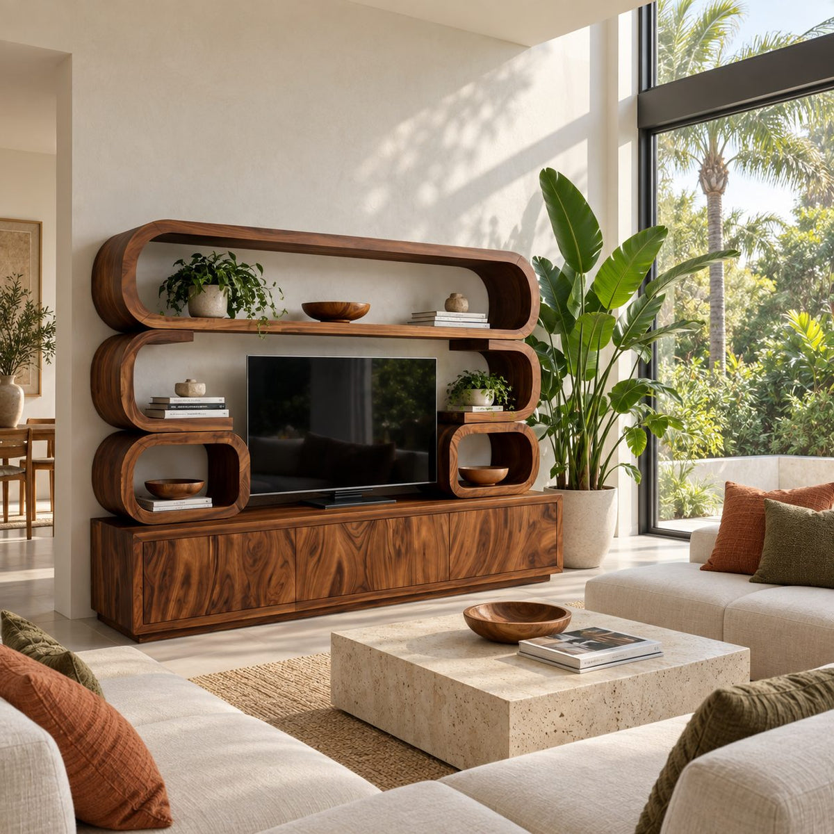 Entertainment Center Wall Unit with Rounded Loop Shelves, Solid Wood TV Cabinet and Display Cubbies