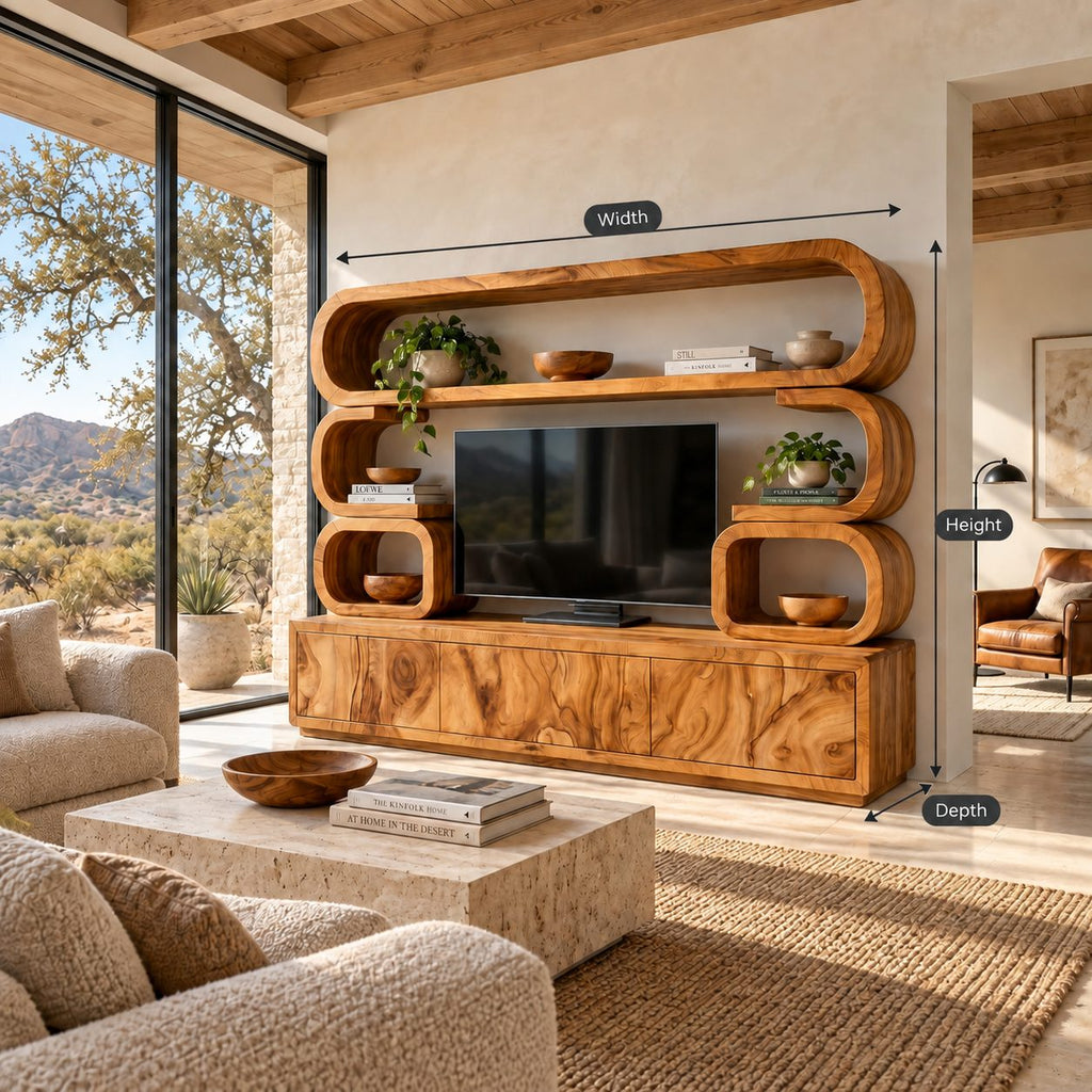Entertainment Center Wall Unit with Rounded Loop Shelves, Solid Wood TV Cabinet and Display Cubbies