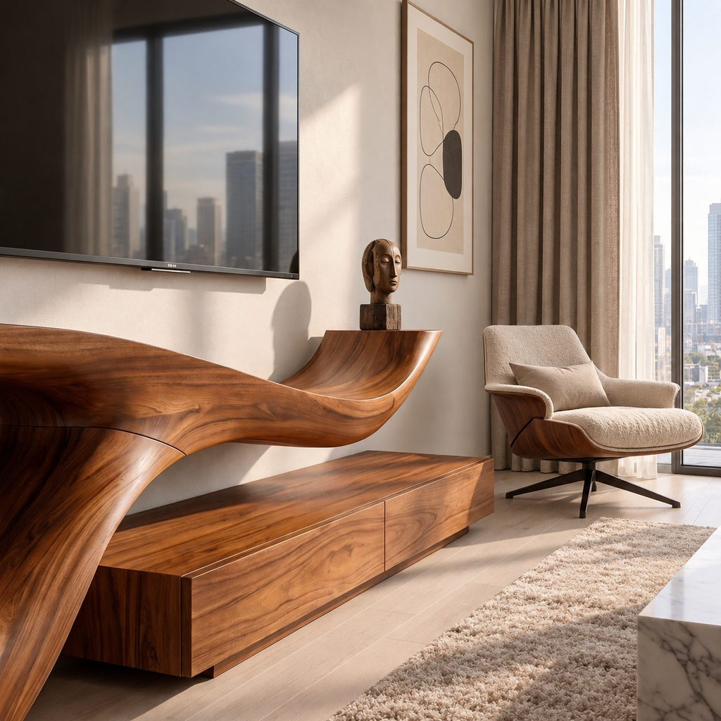 Sculptural TV Stand with Flowing Wave Top and Low Drawer Base, Solid Wood Statement Media Console
