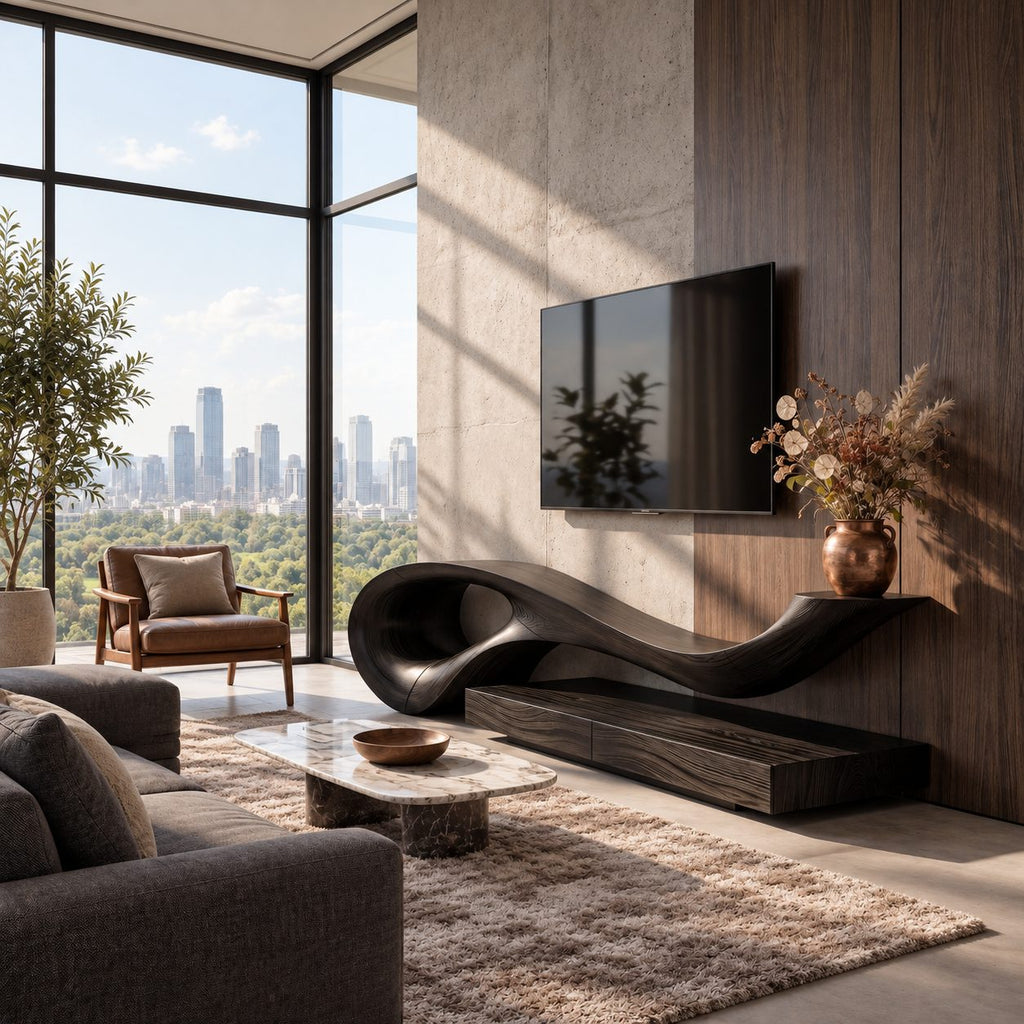 Sculptural TV Stand with Flowing Wave Top and Low Drawer Base, Solid Wood Statement Media Console