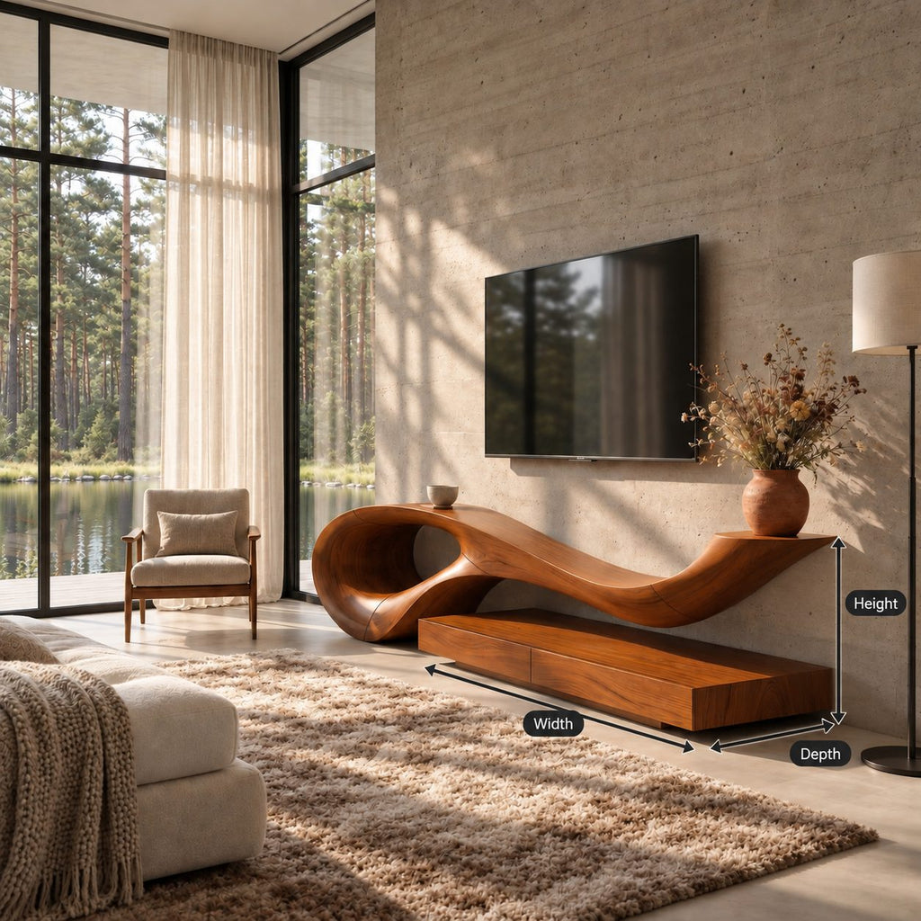 Sculptural TV Stand with Flowing Wave Top and Low Drawer Base, Solid Wood Statement Media Console