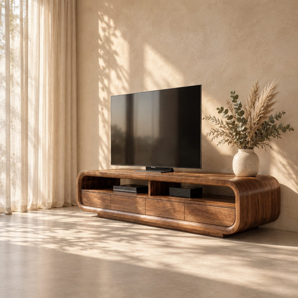 TV Cabinet Rounded Media Console with Drawers and Open Shelves, Solid Wood Mid Century TV Stand