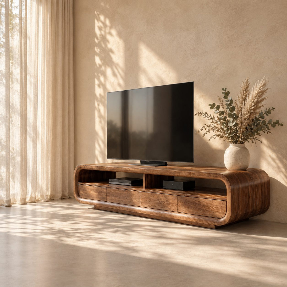TV Cabinet Rounded Media Console with Drawers and Open Shelves, Solid Wood Mid Century TV Stand