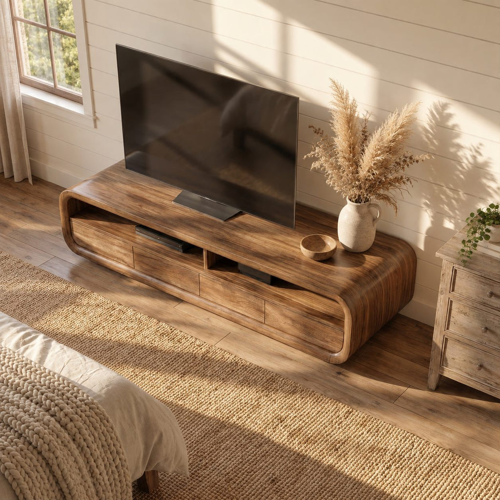 TV Cabinet Rounded Media Console with Drawers and Open Shelves, Solid Wood Mid Century TV Stand