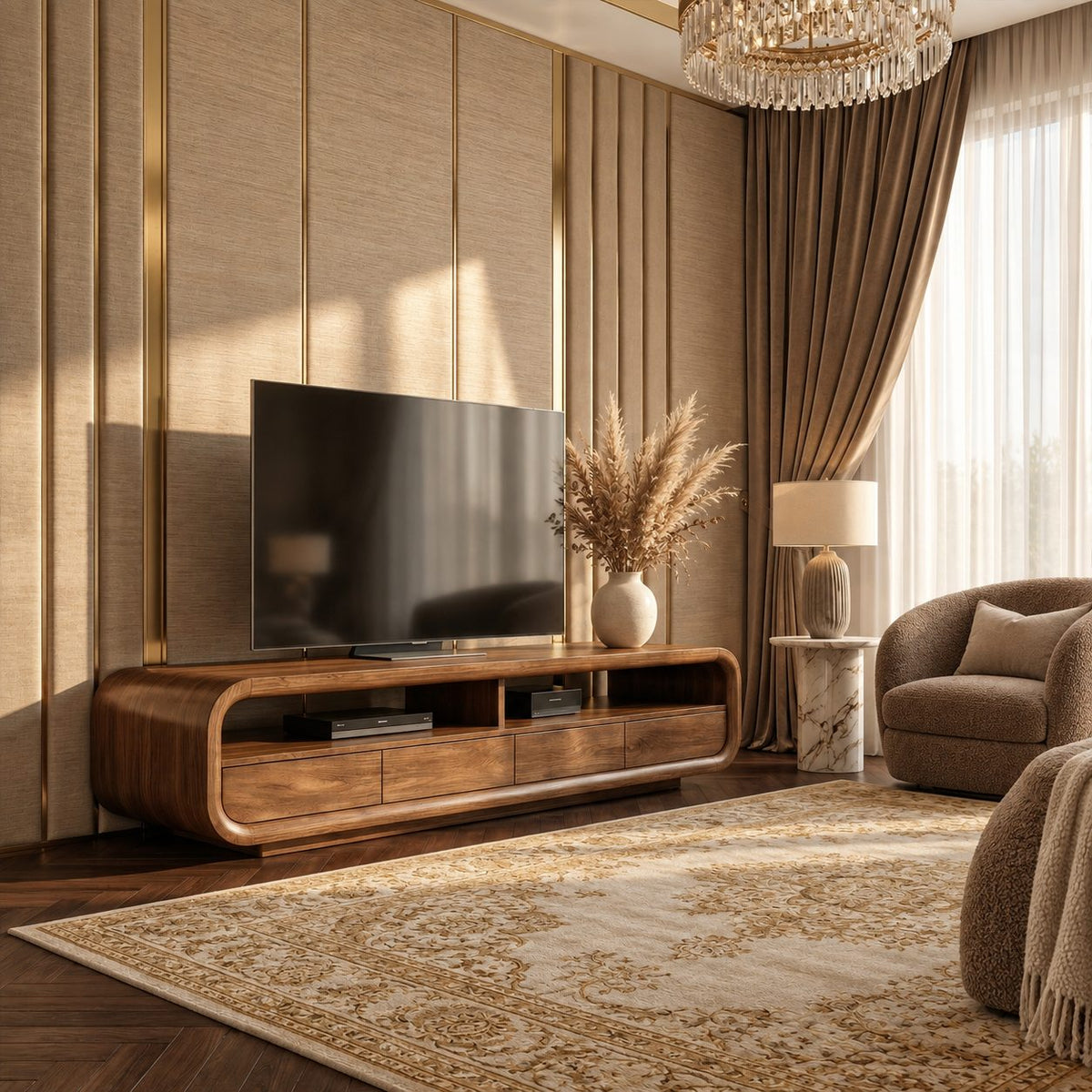 TV Cabinet Rounded Media Console with Drawers and Open Shelves, Solid Wood Mid Century TV Stand