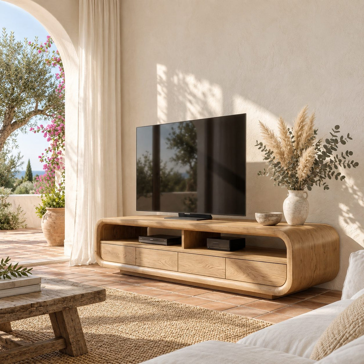 TV Cabinet Rounded Media Console with Drawers and Open Shelves, Solid Wood Mid Century TV Stand