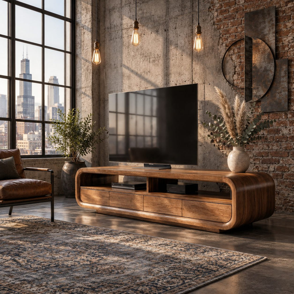 TV Cabinet Rounded Media Console with Drawers and Open Shelves, Solid Wood Mid Century TV Stand