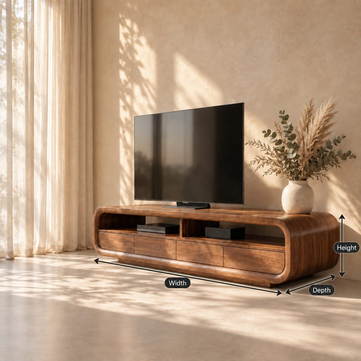 TV Cabinet Rounded Media Console with Drawers and Open Shelves, Solid Wood Mid Century TV Stand