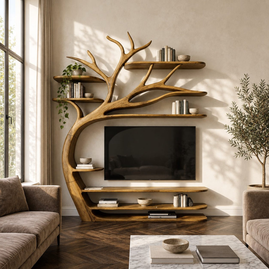 Tree TV Stand Wall Unit with Branch Bookshelves, Solid Wood Media Shelves and Sculpted Trunk